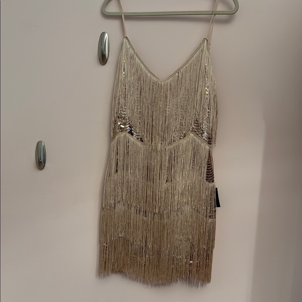 Lulu's Shimmering Gold Fringe Mini Dress